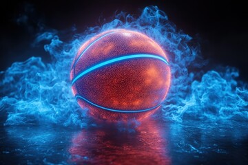 Basketball glowing in blue smoke reflects vibrant lighting on a dark surface