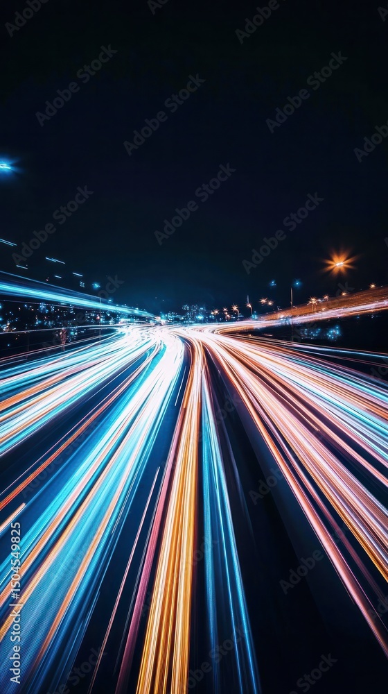Poster dynamic beams of light streak over dark space, creating a sleek tech look. vertical.