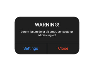 Dark warning notification pop up UI design with settings and close buttons on a transparent background for mobile app and web alert interface in a minimal modern style