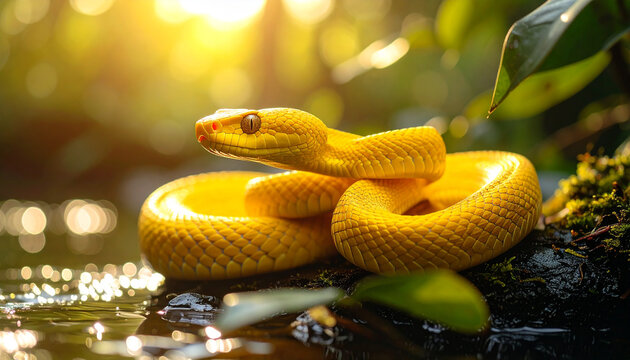 Close-up shot of yellow snake in water. Animal and reptile concept.