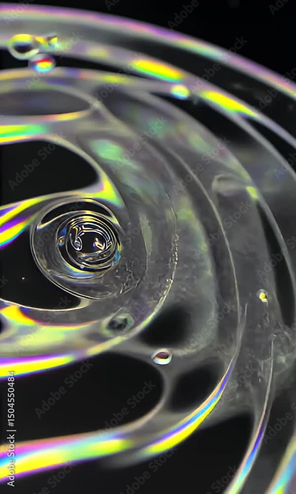 Poster abstract liquid form with rainbow color and spiraling texture on black background