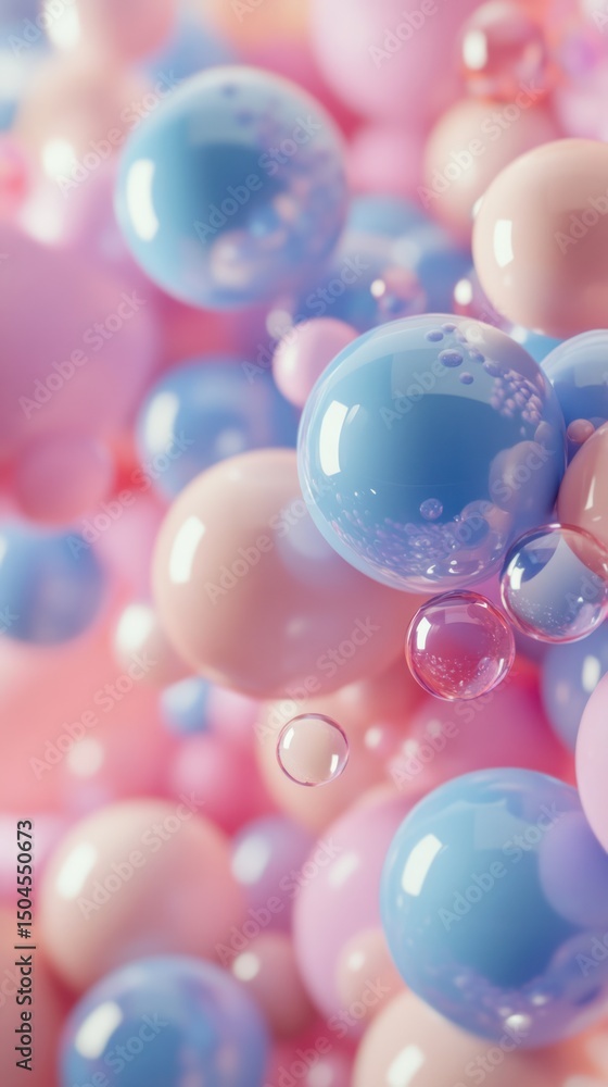Poster gentle pastel forms float and rebound, creating a lighthearted background. vertical.