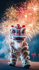 A traditional lion dance comes alive beneath a cascade of vivid red and gold fireworks. Vertical.