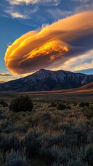 Sunrise paints mountain peaks in golden hues as clouds drift across the sky. Vertical.