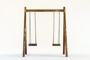 A wooden swing set with two seats hangs by chains, against a plain, white background in a studio setting.