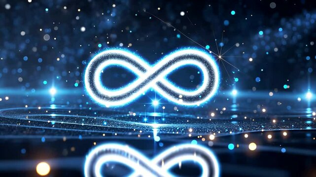 Glowing white infinity symbol floating above a reflective blue surface filled with sparkling lights