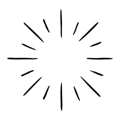 Vector hand drawn illustration of light rays, firework, sunburst. Vintage style element, round frame, isolated on white background.