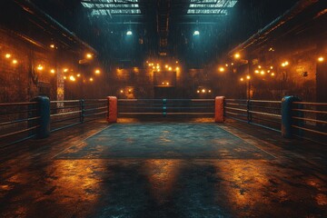 Old boxing ring in an industrial gym during a rainstorm at night with dramatic lighting