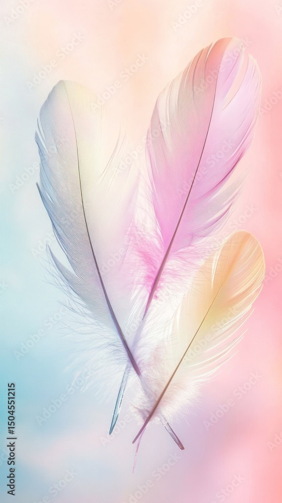 Poster soft feathers float across a gentle pastel backdrop, offering subtle elegance. vertical.