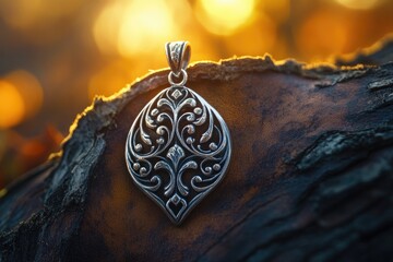 A silver filigree pendant lies on textured leather, bathed in warm, golden sunlight, emphasizing its intricate design and handcrafted appeal.
