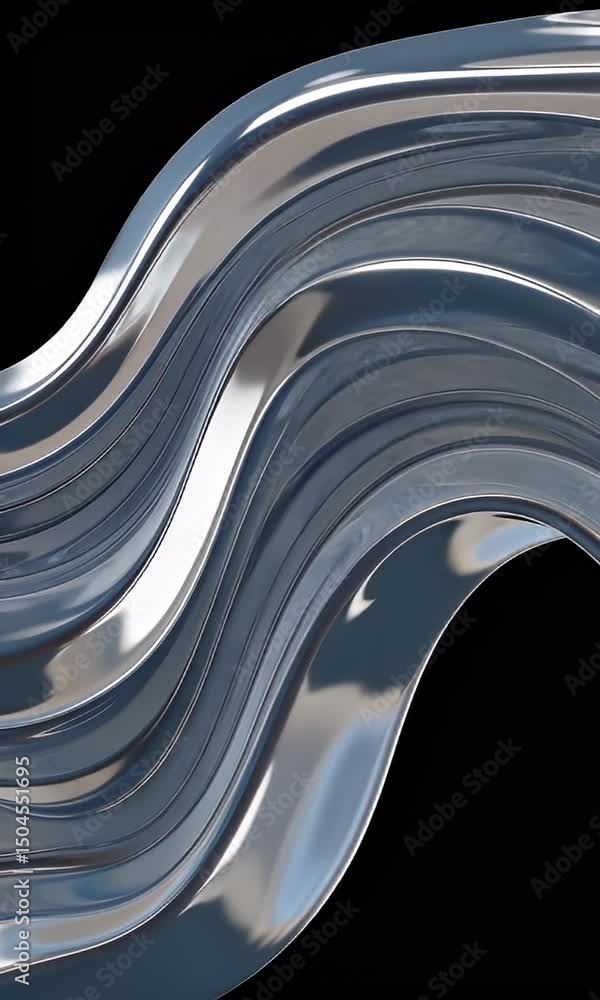 Poster abstract metallic wave with smooth surfaces and reflective properties on black background