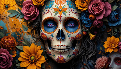 Naklejka premium Colorful decorated skull with flowers and vibrant details on an artistic background for Day of the Dead concept 
