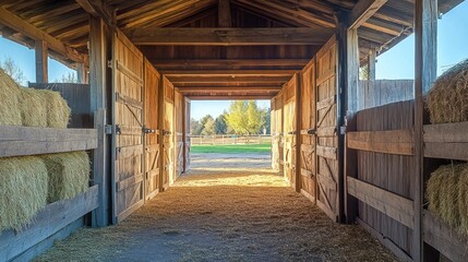Fototapeta premium Sunlit wooden barn aisle with hay bales