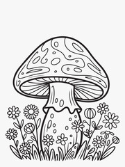 Detailed Doodle-Style Mushroom with Flowers Around Coloring Page