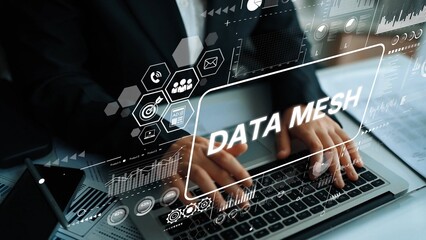 Modern Business Concept of Data Mesh Strategy with Digital Interface and Analytics for Efficient...
