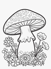 Detailed Doodle-Style Mushroom with Flowers Around Coloring Page
