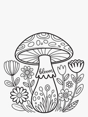 Detailed Doodle-Style Mushroom with Flowers Around Coloring Page