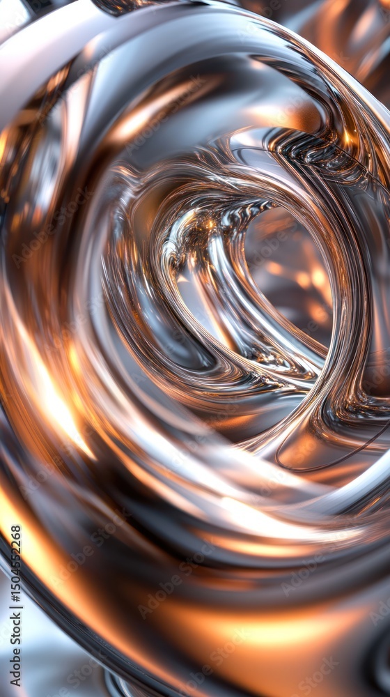 Poster metallic abstract shapes spin in three dimensions, mirroring dynamic reflections. vertical.