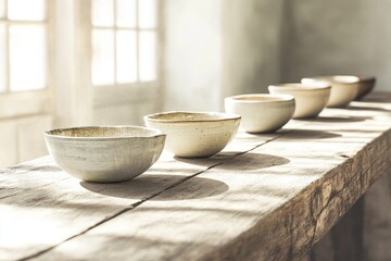 A row of ceramic bowls are arranged on a rustic wooden surface bathed in soft natural light from a window.