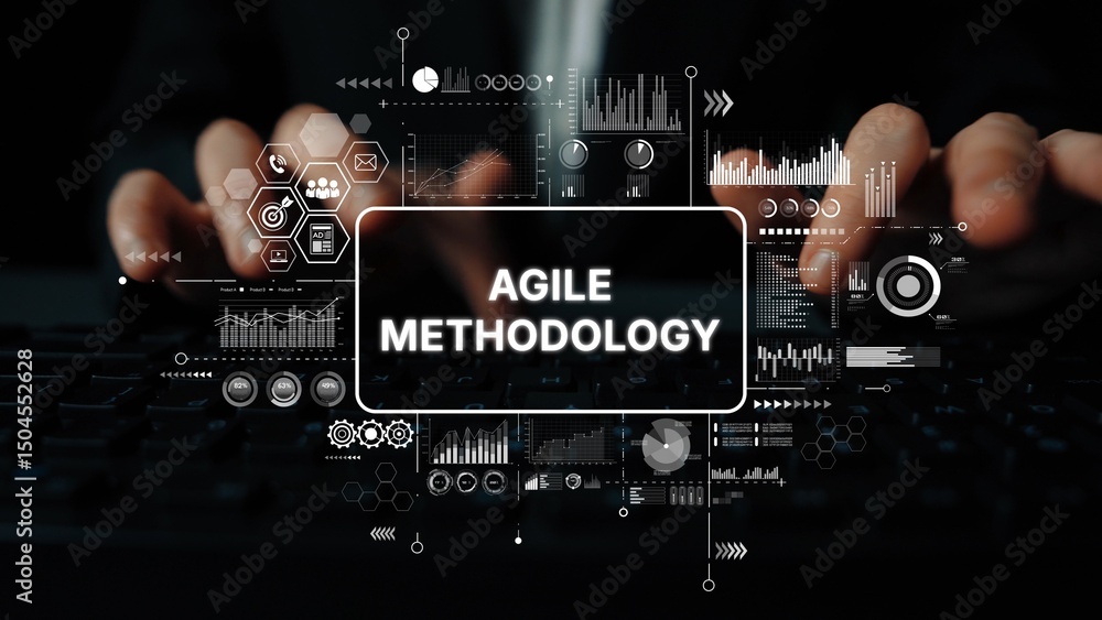 Poster hands typing on a keyboard with overlays of agile methodology concepts and data visualization elemen