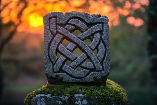 A Celtic knot stone carving covered in moss against a blurred sunset background, symbolizing ancient heritage and natural beauty.