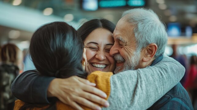 A joyful family reunion scene at an airport as immigrants reunite with their loved ones after a long journey, hugging and smiling warmly