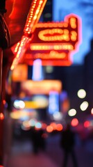 Neon signs flicker in a blurred urban scene, evoking a cinematic, moody atmosphere. Vertical.