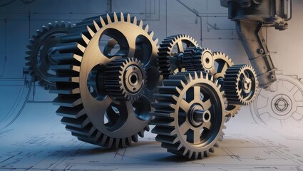 technical simulation. Mechanical gears arranged artistically, showcasing intricate design and engineering against a blueprint background.