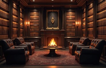 Cozy interior of cigar room or smoking lounge. Luxury leather armchairs face burning fireplace. Bookshelves, dark wooden wall panels, lamps create warm, inviting atmosphere. Elegant home library club.