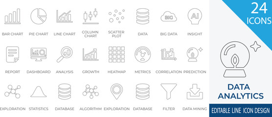 A modern collection of line icons representing data analytics concepts such as bar charts, dashboards, data mining, and algorithmic analysis.  and business intelligence design needs.