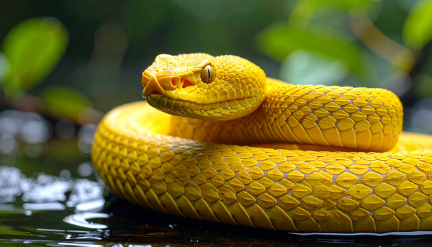 Close-up shot of yellow snake in water. Animal and reptile concept.