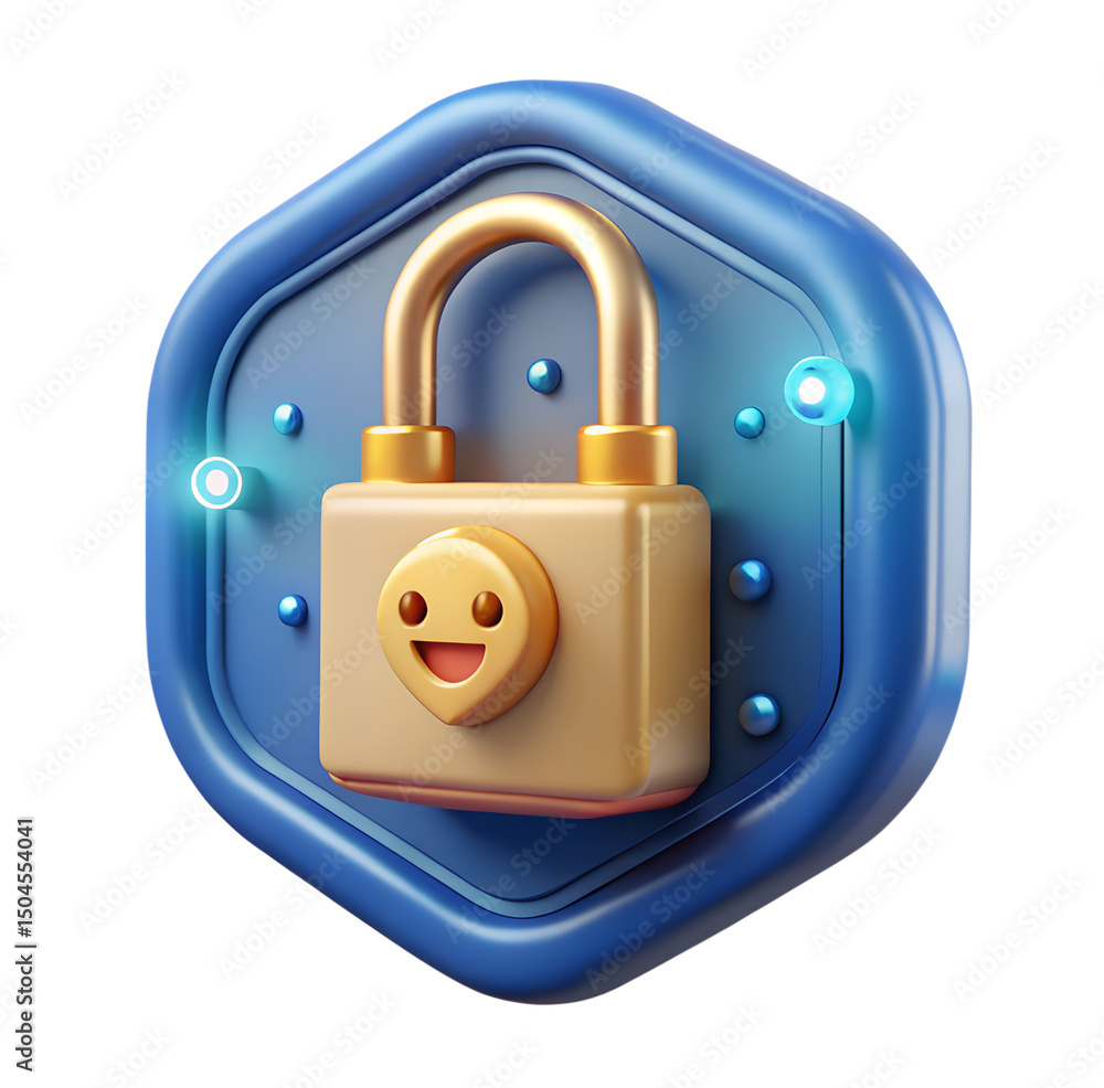 Poster happy golden padlock on blue shield 3d rendering icon for data protection and security assurance on 