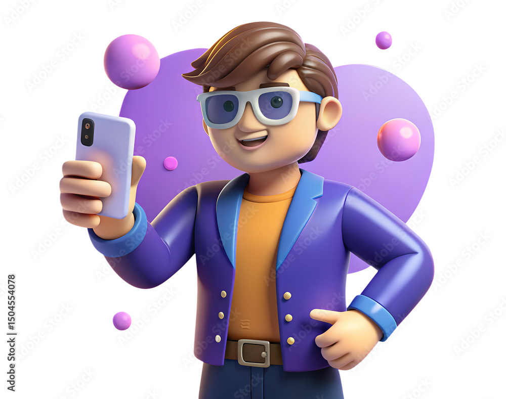 Poster stylish 3d rendering of a man holding a smartphone icon on transparent background