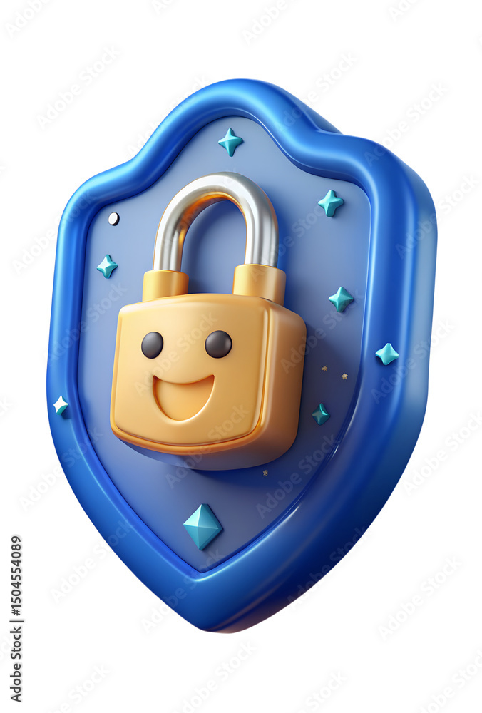 Poster shield icon with happy golden padlock 3d rendering on transparent background security concept