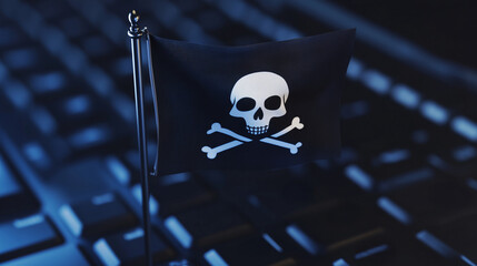 Black pirate flag with skull and crossbones on computer keyboard, concept for hacker activism
