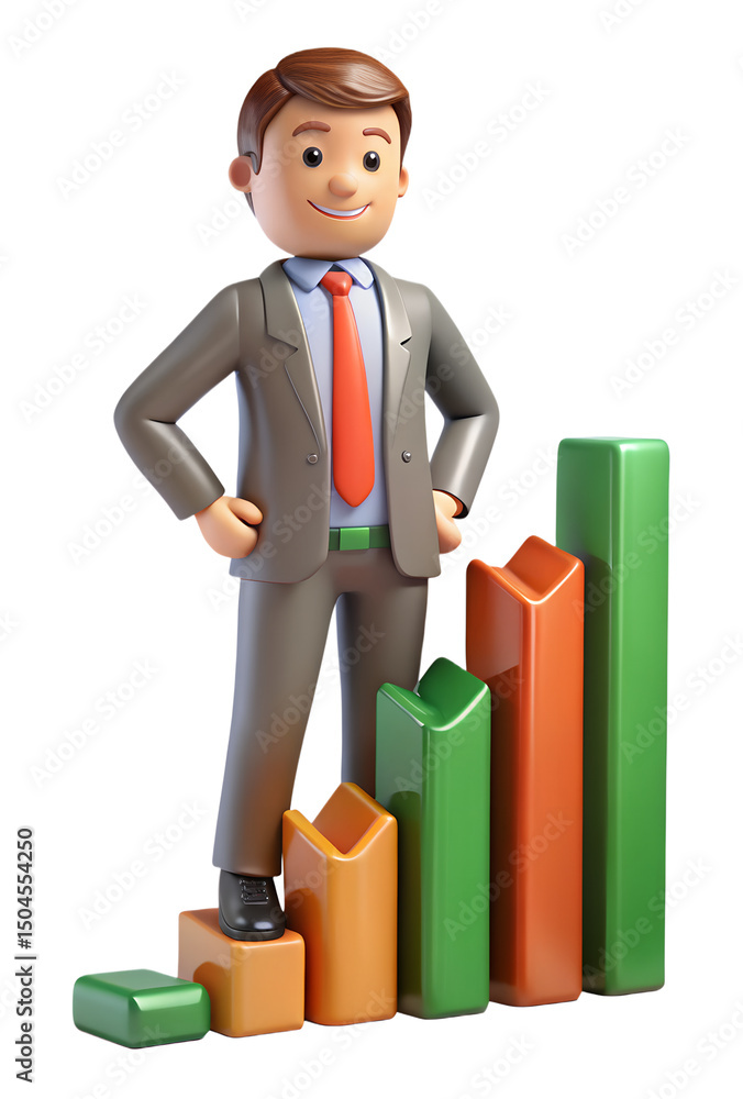 Poster cartoon businessman stands confidently on a progress chart 3d rendering icon on transparent backgrou