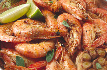 Fried king prawns, in shell, with spices, size 30/40 , unpeeled shrimp,homemade, no people,