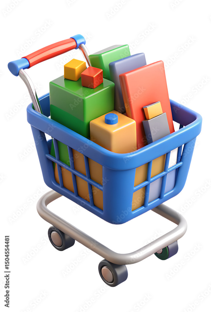 Poster 3d rendering of a shopping cart full of colorful boxes on transparent background