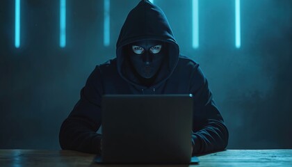 Mysterious hacker wearing mask, using laptop computer at desk. Unidentified person in hoodie, dark room background with neon lights. Cybercrime, data theft, internet security, technology, online