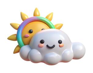 Naklejka premium Playful 3d rendering of smiling sun and cloud with rainbow halo isolated on transparent background