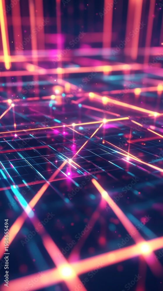 Poster neon lines intersect in a grid with radiant glows for a futuristic feel. vertical.