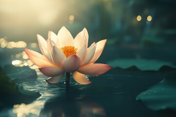 A serene lotus blossom gracefully floats on calm water, bathed in gentle sunlight, creating a tranquil and ethereal atmosphere.