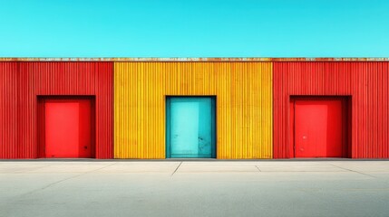 Vibrant colorful facade with red yellow and blue doors against clear sky
