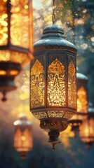Swaying lanterns reveal fine golden details while moving with a soft, calm air. Vertical.