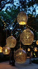 Golden lanterns unfold with detailed patterns as they drift on a quiet breeze. Vertical.