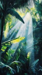 Sunlit tropical leaves flutter in a soft breeze under bright natural light. Vertical.