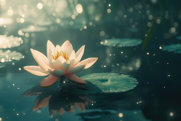 Serene lotus flower delicately rests on a lily pad amidst a tranquil, mystical water scene bathed in soft light.