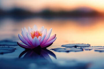 A pink lotus flower blooms gracefully on the water surface, reflecting beauty against a soft sunset-hued background.