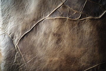 A close-up shot showcases the intricate texture and warm brown hues of weathered, vintage leather with seam details.