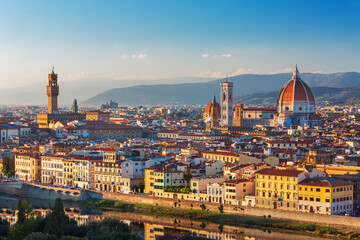 Beautiful view on hard of amazing Florence city and the Cathedral at sunrise, Florence, Italy
